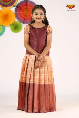 Girls Brown Golden Rail  Pattu Pavadai - Festive Wear