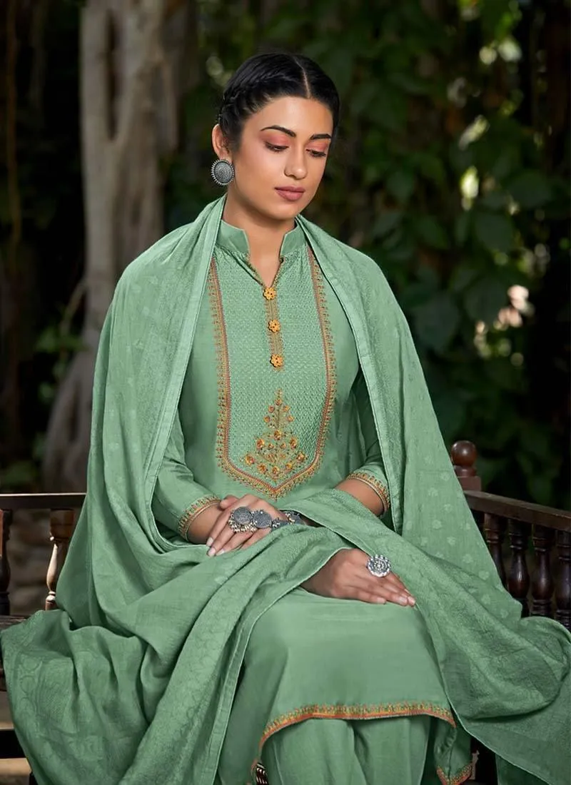 Art Silk Base Thread Work Green Color Pant Style Salwar Suit