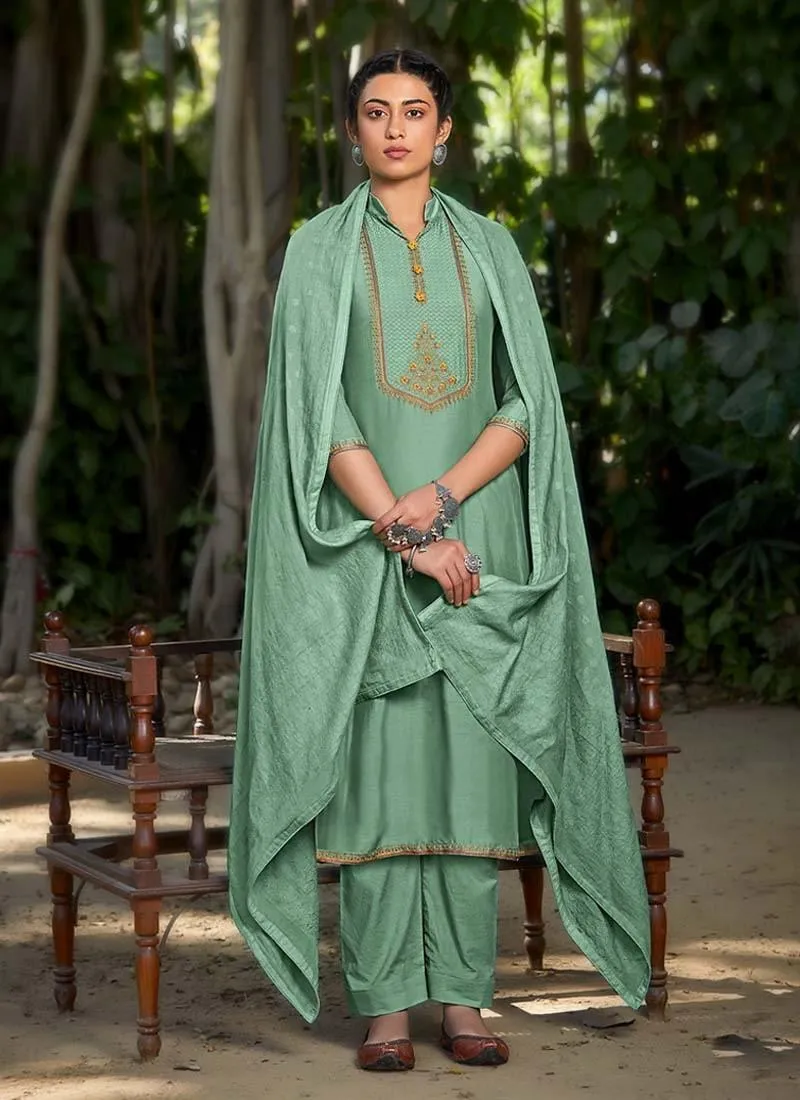 Art Silk Base Thread Work Green Color Pant Style Salwar Suit