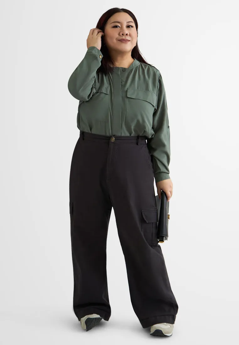 Bambie Cargo Flap Pocket Hidden Button Blouse