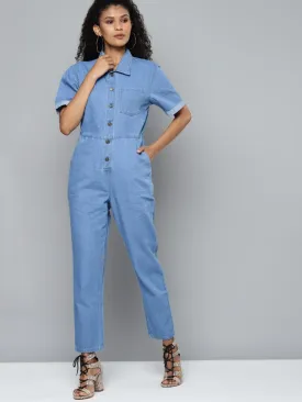 Blue Denim Belted Jumpsuit