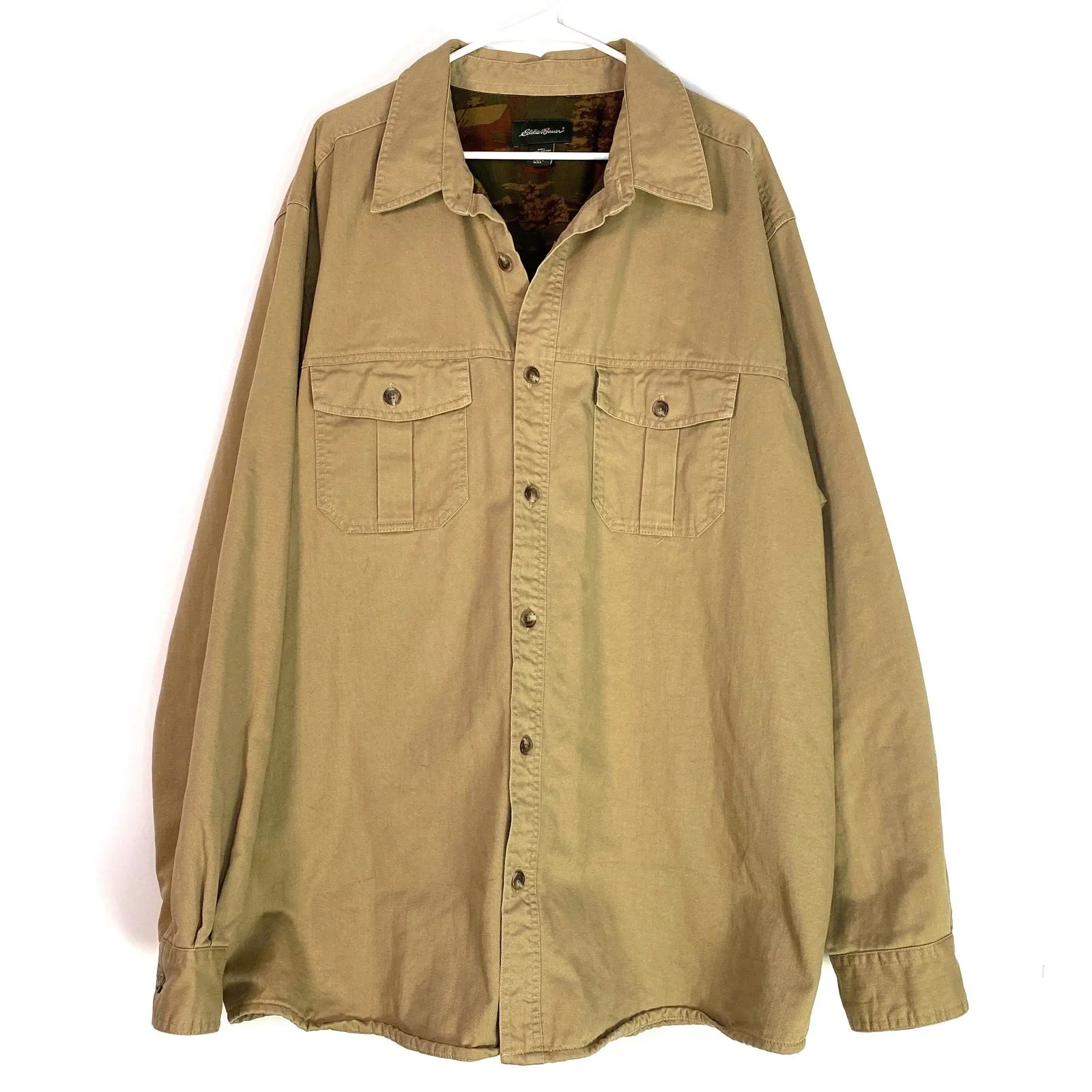 Eddie Bauer Mens Size XXL Tan Beige Lined Button-Up Field/Chore Shirt L/s