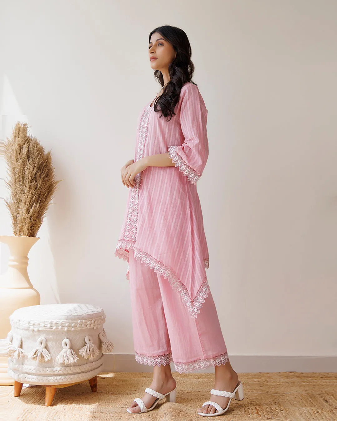 Ghazal Pink Lino Mul Up-down Lace Co-ord Set