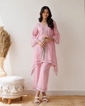 Ghazal Pink Lino Mul Up-down Lace Co-ord Set