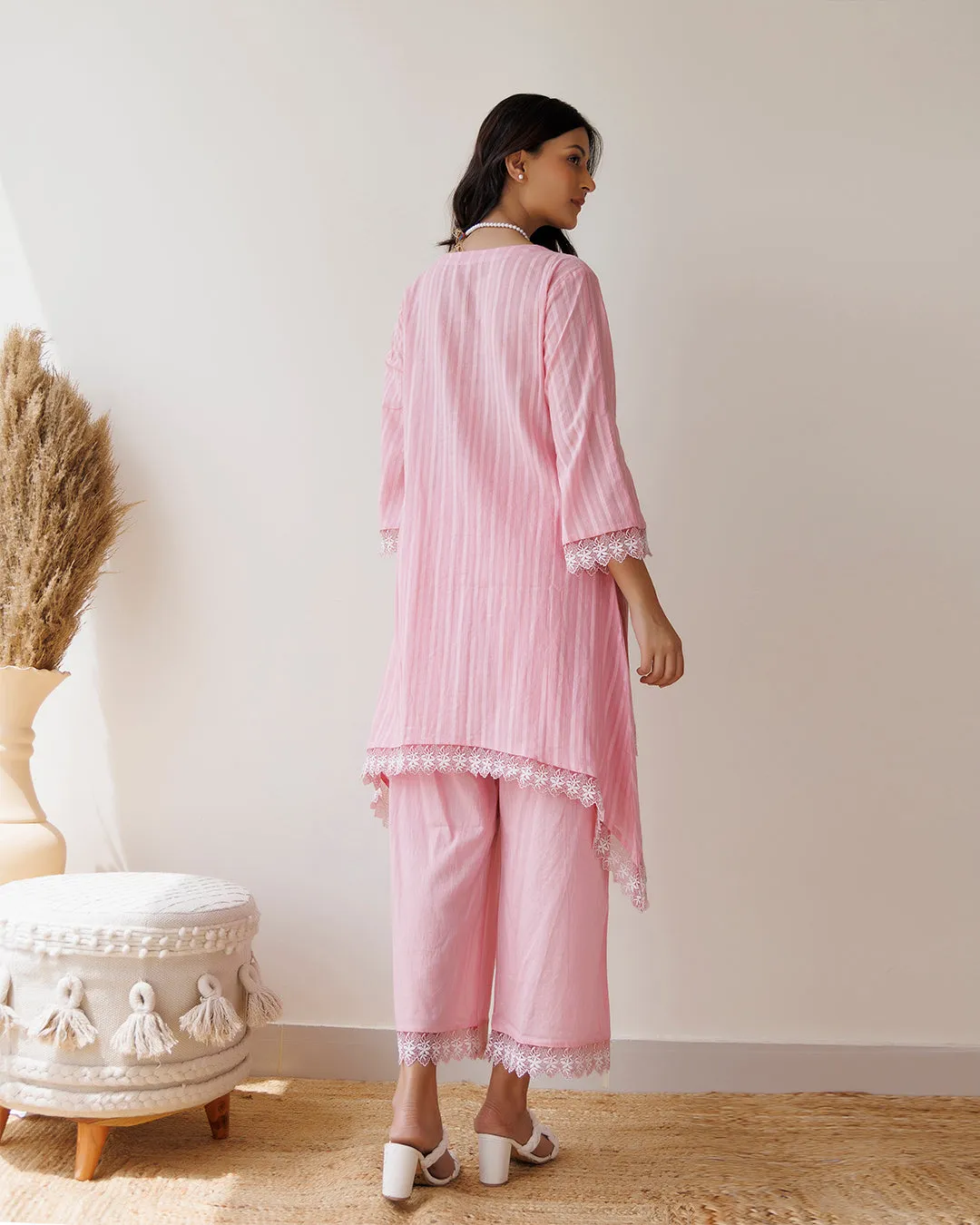 Ghazal Pink Lino Mul Up-down Lace Co-ord Set