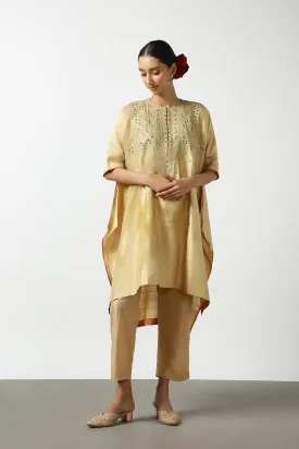 Gold Raw Silk Top with Mirror Work Yoke. Tussar Pant or M. Giri Pant.