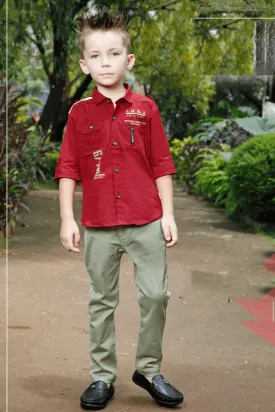 Maroon with Light Green Printed Casual wear Pant and Shirt Set for Boys