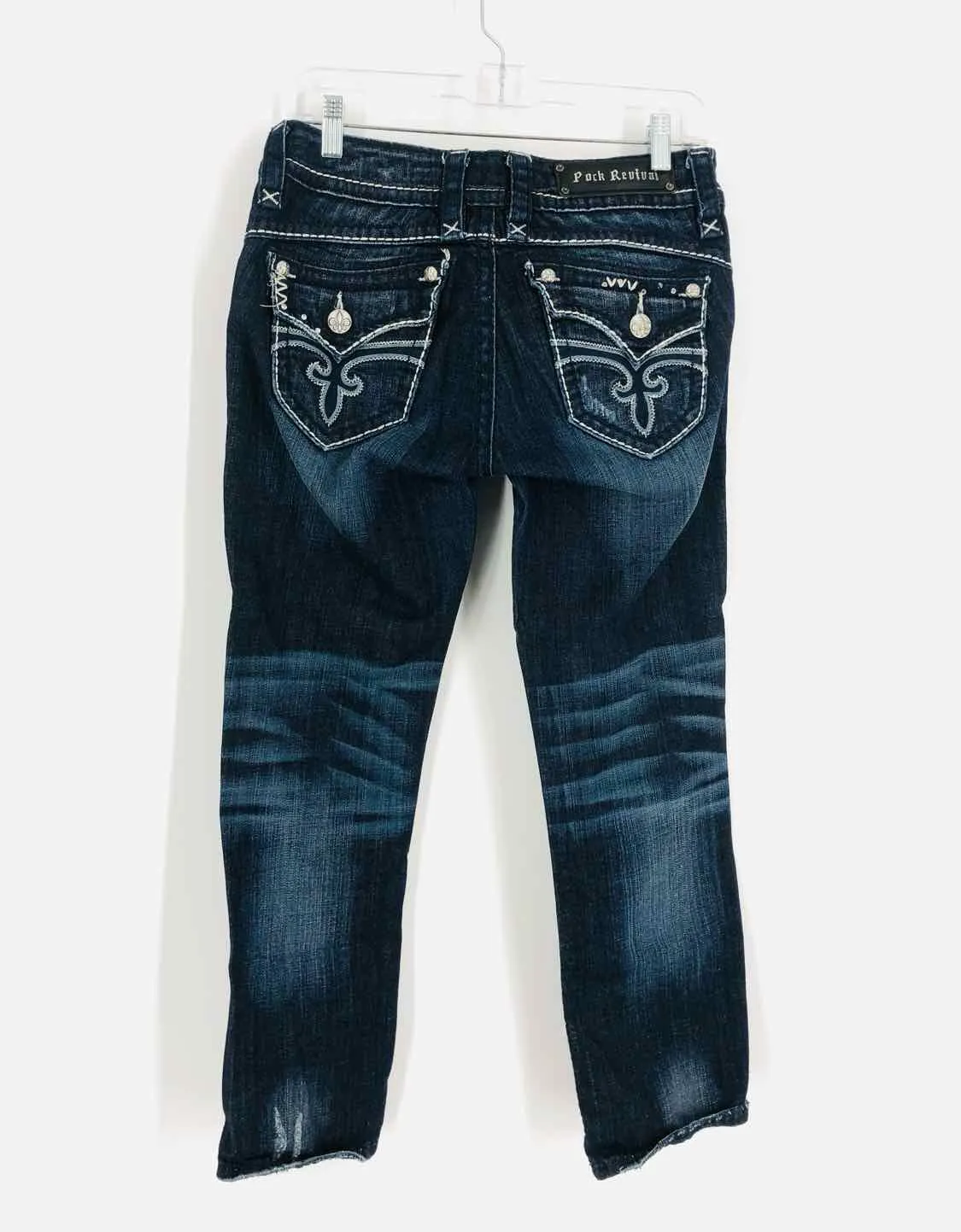 Rock Revival Size 27=4 Dk Denim/White Stitched Distressed Premium Denim Jeans