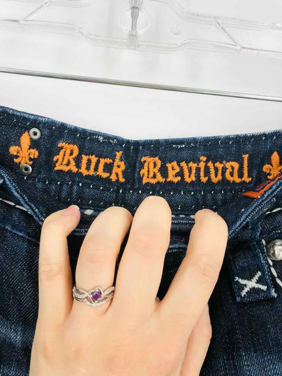 Rock Revival Size 27=4 Dk Denim/White Stitched Distressed Premium Denim Jeans