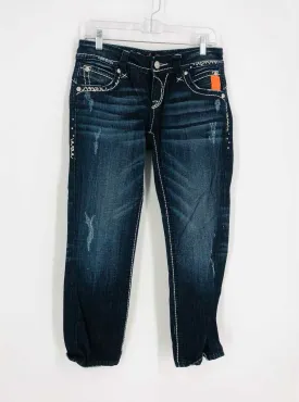 Rock Revival Size 27=4 Dk Denim/White Stitched Distressed Premium Denim Jeans