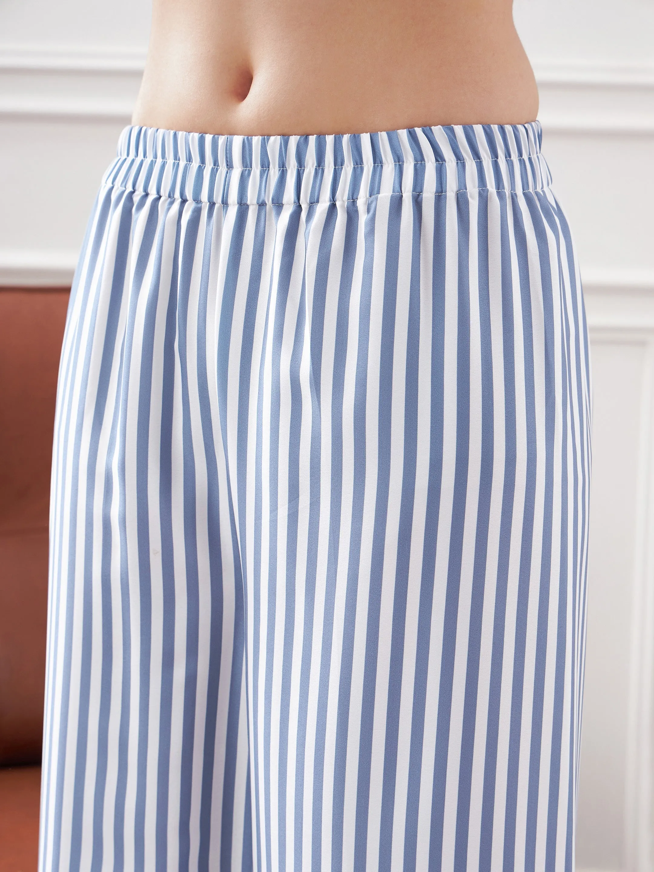 Women Blue Stripes Notch Collar Shirt With Lounge Pants