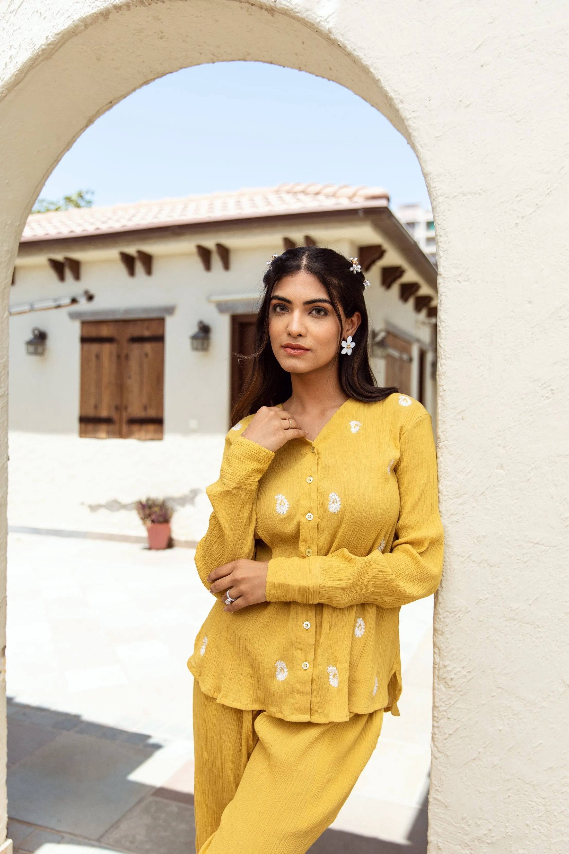 Yellow cotton gauze embroidered co-ord set