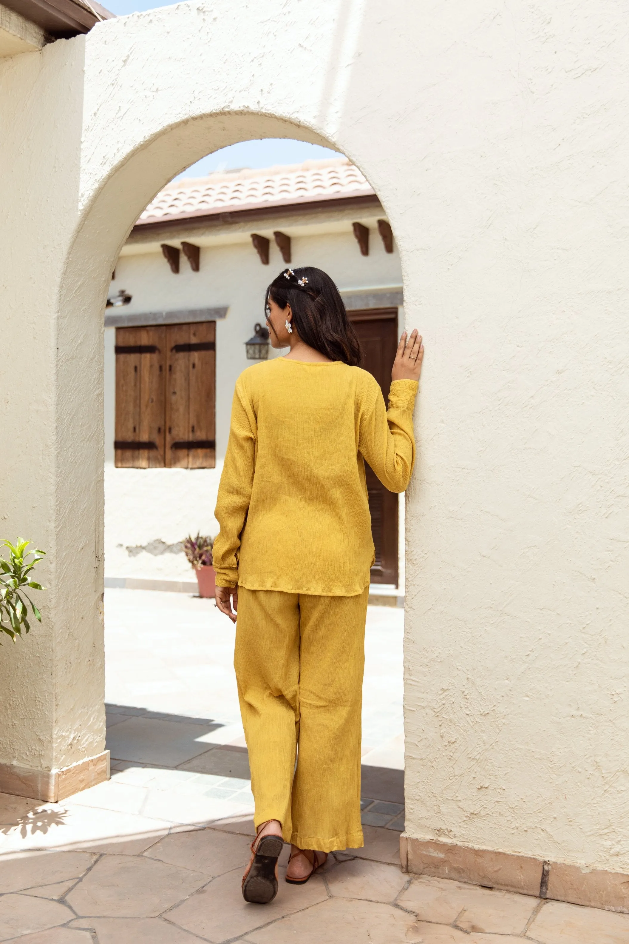 Yellow cotton gauze embroidered co-ord set